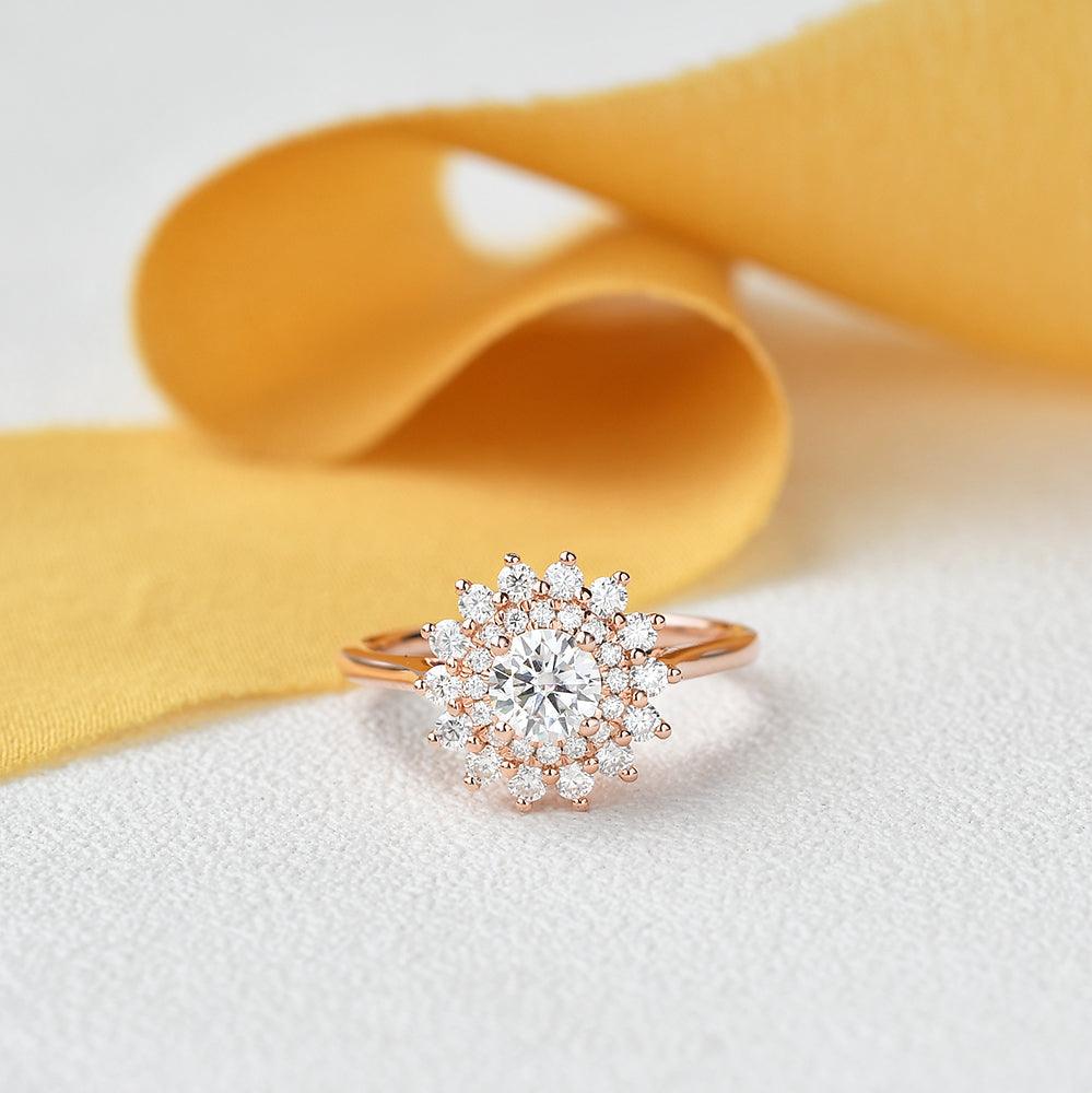 Flower Round Cut Moss Agate Rose Gold Ring