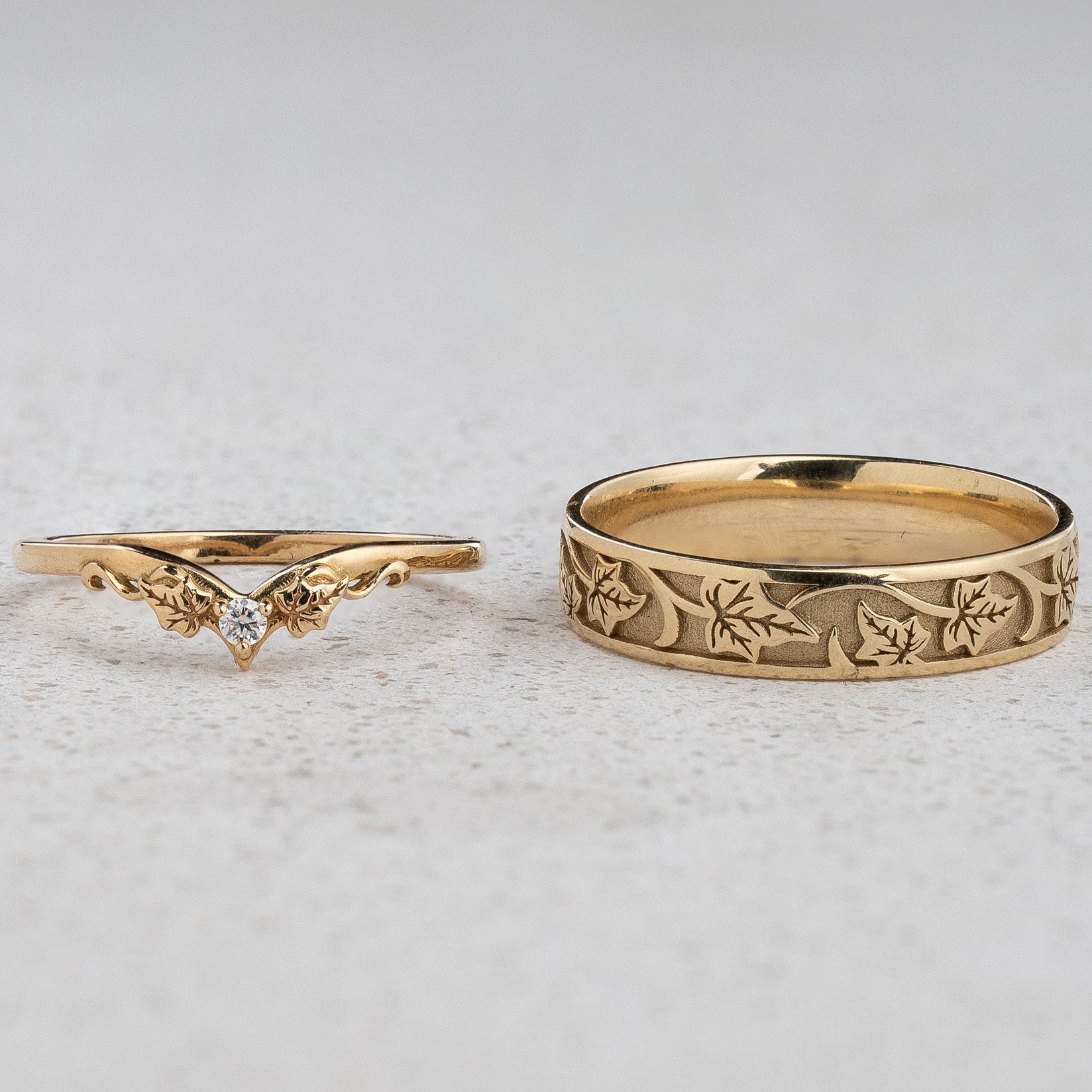 The Ariadne Wedding Pair - His Ivy Band & Her Diamond Ring