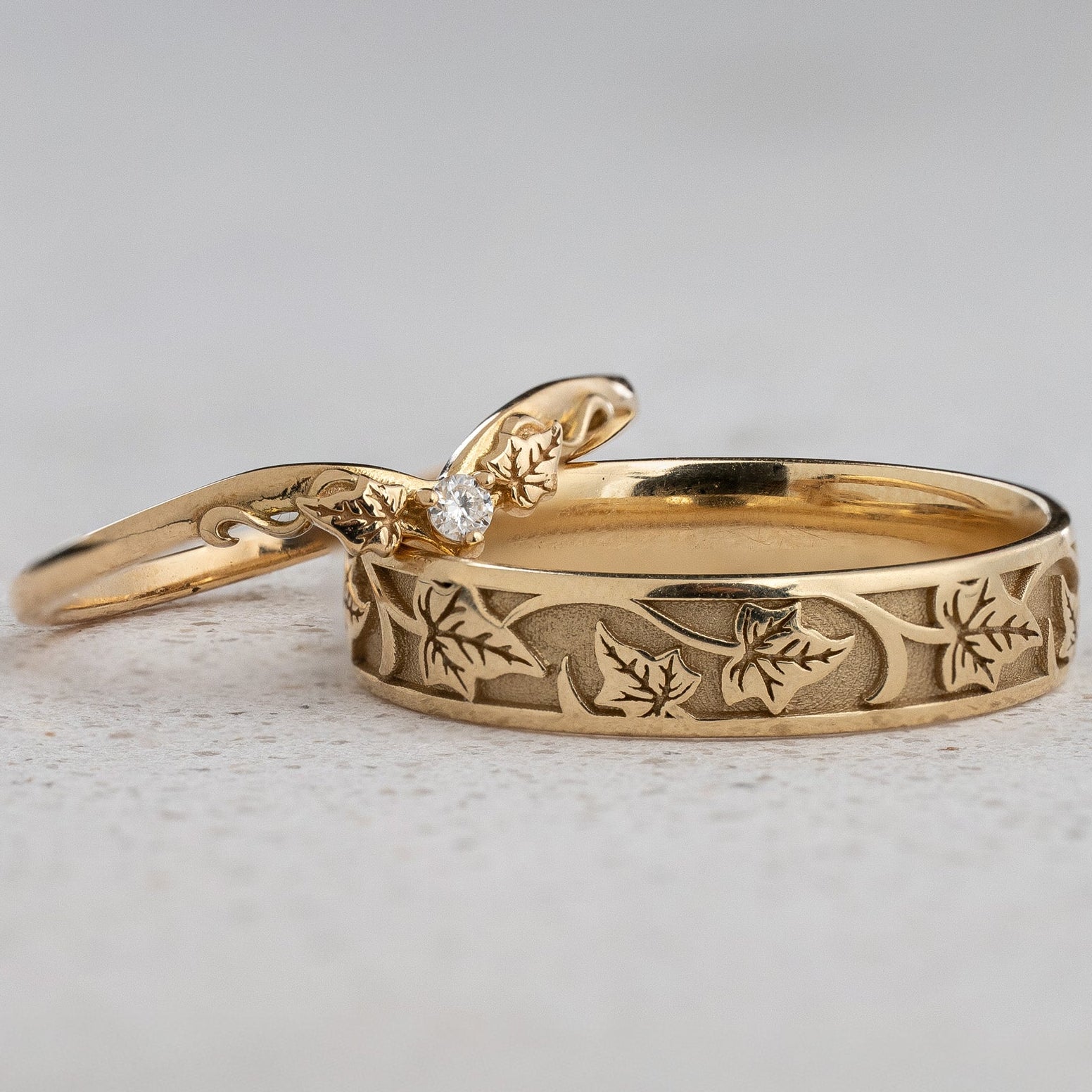 The Ariadne Wedding Pair - His Ivy Band & Her Diamond Ring