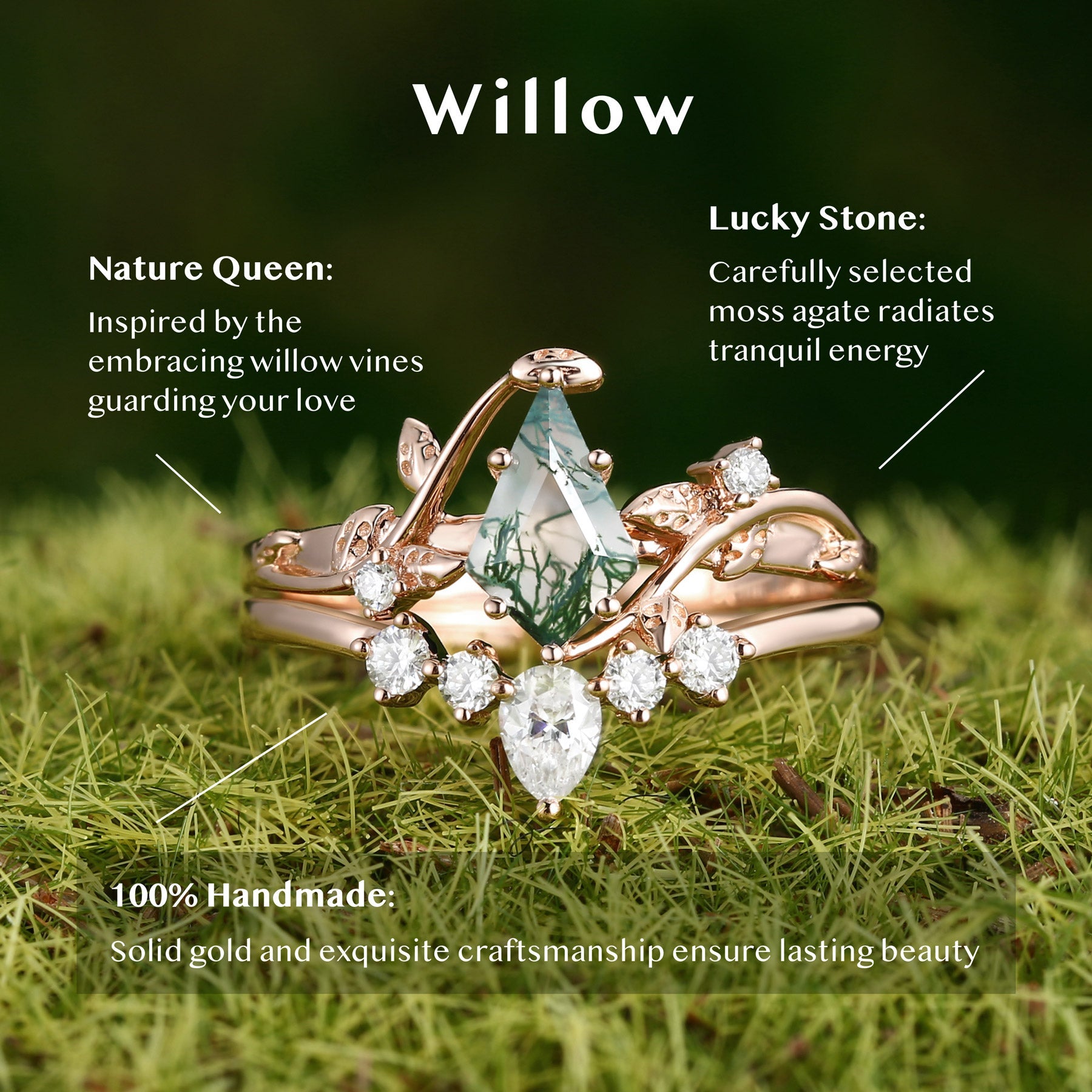 Nature Inspired - Unique Kite Cut Moss Agate Leafy Ring & Necklace & Earrings Sets 5PCS - Willow Jewelry Sets