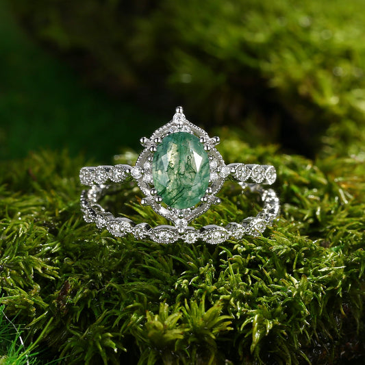 Nature Inspired Oval Cut Moss Agate Cluster Leafy Engagement Ring Set 2pcs