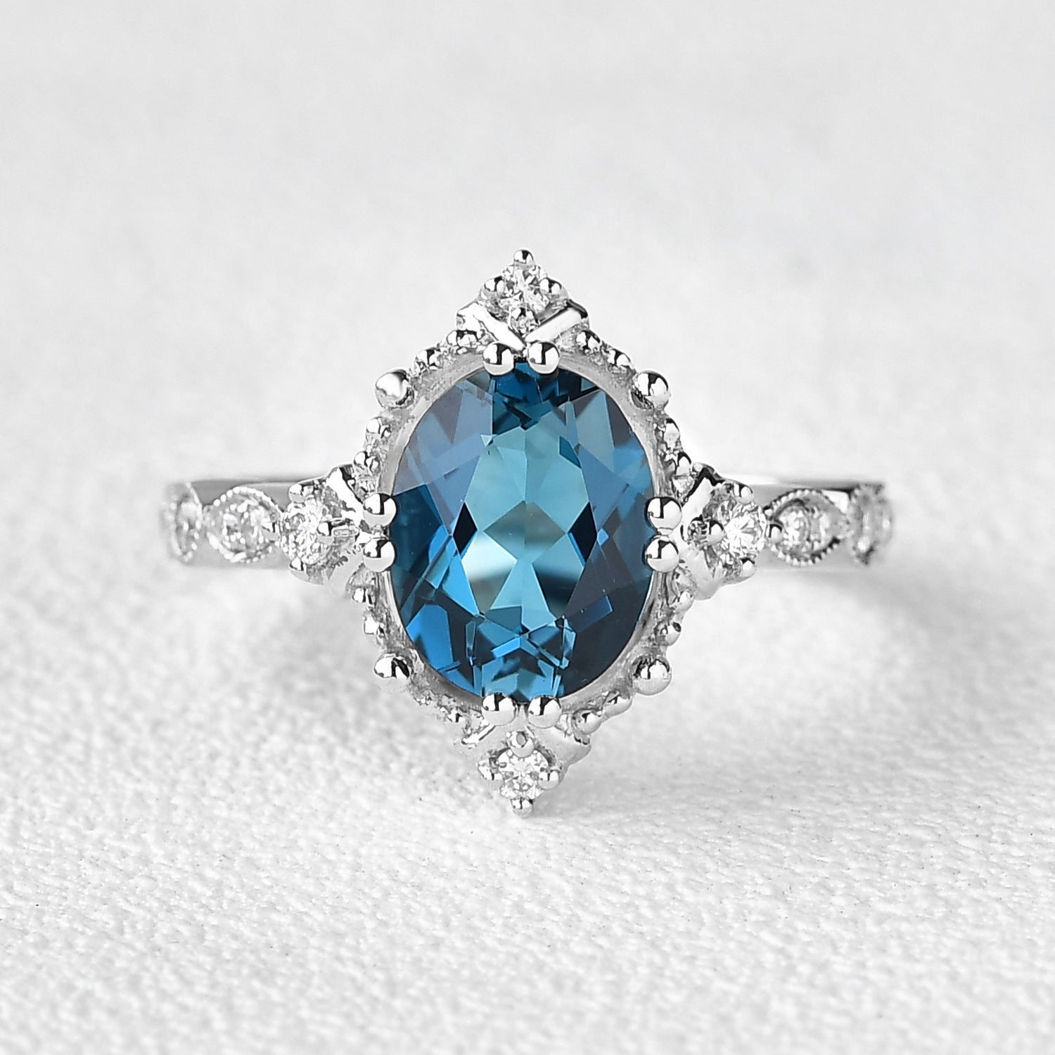 Vintage London Blue Topaz & Moissanite Art Deco Ring