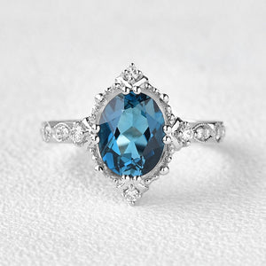 Vintage London Blue Topaz & Moissanite Art Deco Ring