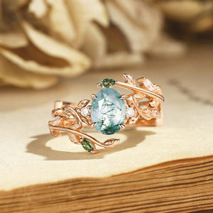 Helen Moss Agate Leafy Engagement Ring Set 2pcs