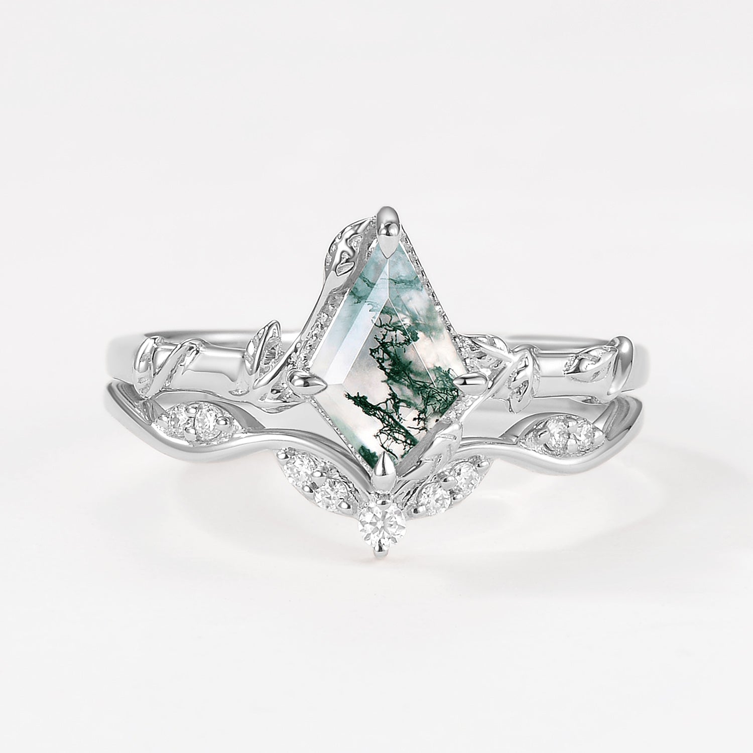 Unique Leafy Moss Agate Ring Sets 2pcs