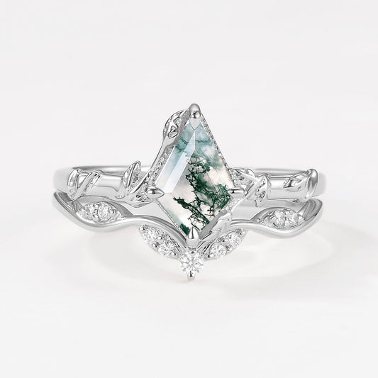 Unique Leafy Moss Agate Ring Sets 2pcs