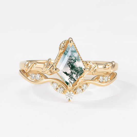 Unique Leafy Moss Agate Ring Sets 2pcs