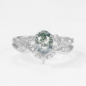 Oval Shaped Moss Agate Leafy Engagement Ring Set 2pcs