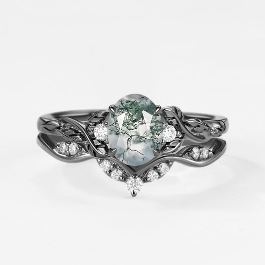 Oval Shaped Moss Agate Leafy Engagement Ring Set 2pcs