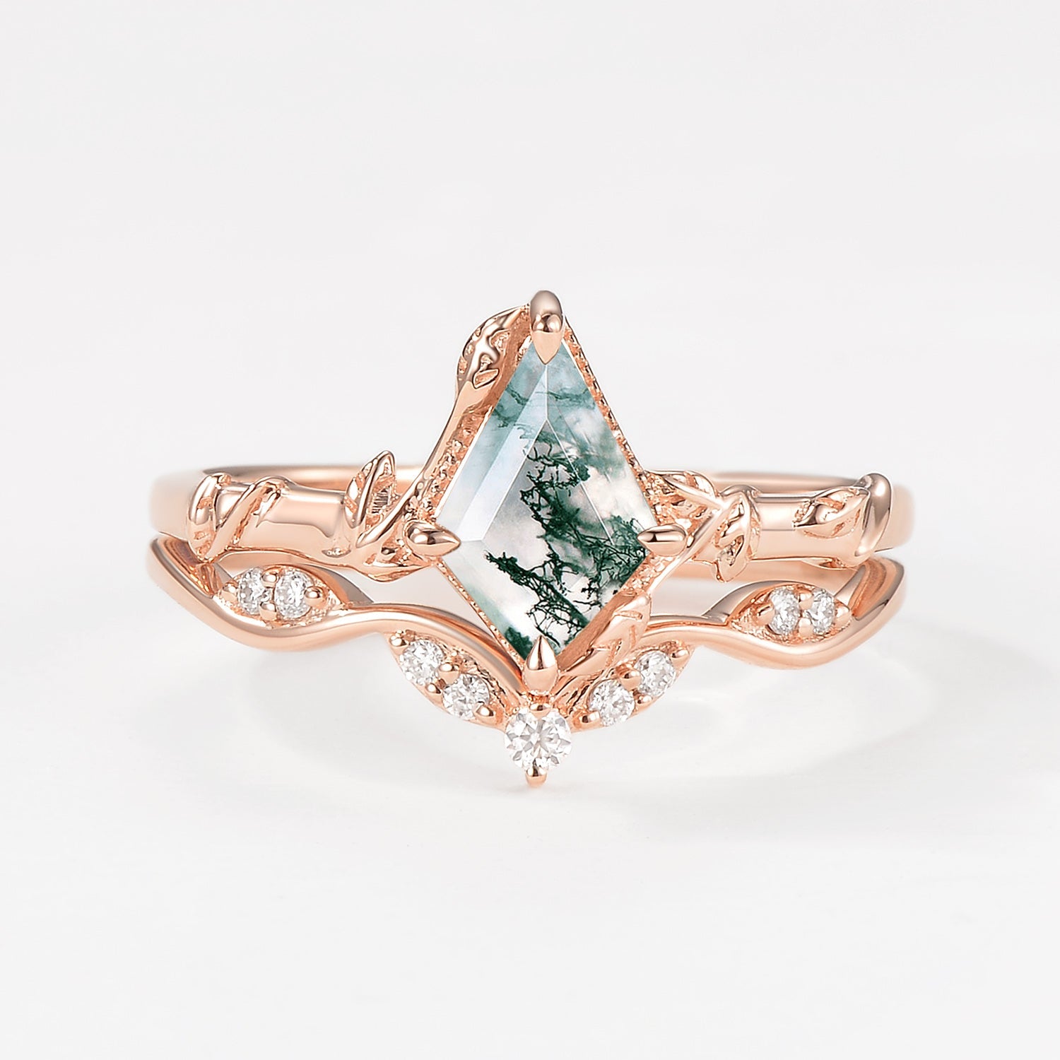 Unique Leafy Moss Agate Ring Sets 2pcs