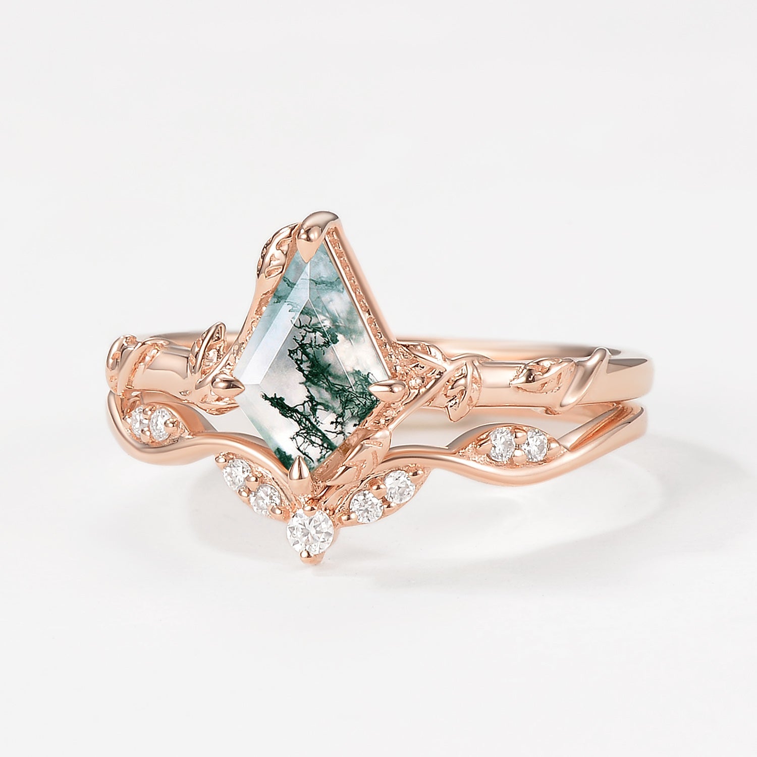 Unique Leafy Moss Agate Ring Sets 2pcs