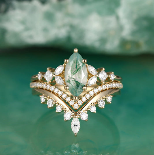 Marquise Moss Agate Engagement Ring Set 3pcs - Amelia
