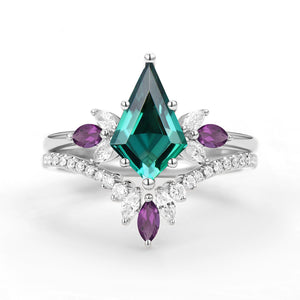 Butterfly Fairy - Unique Kite Cut Moss Agate & Amethyst Engagement Ring Set 2pcs