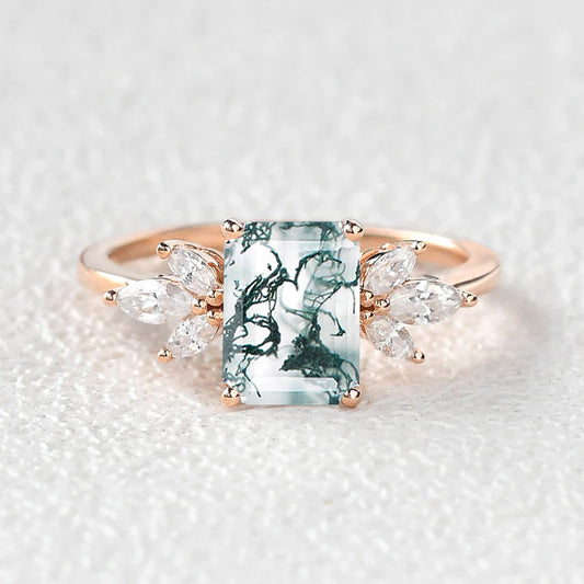 Emerald Cut Moss Agate Cluster Engagement Ring