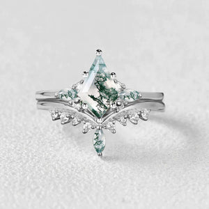 Kite Cut Moss Agate Cluster Engagement Ring Sets 2pcs