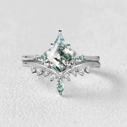 Kite Cut Moss Agate Cluster Engagement Ring Sets 2pcs