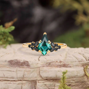 Unique Kite Cut Moss Agate & Black Onyx Leaf Engagement Ring