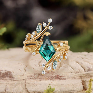 Knight Nature Inspired Kite Cut Moss Agate Cage Leafy Ring 2pcs