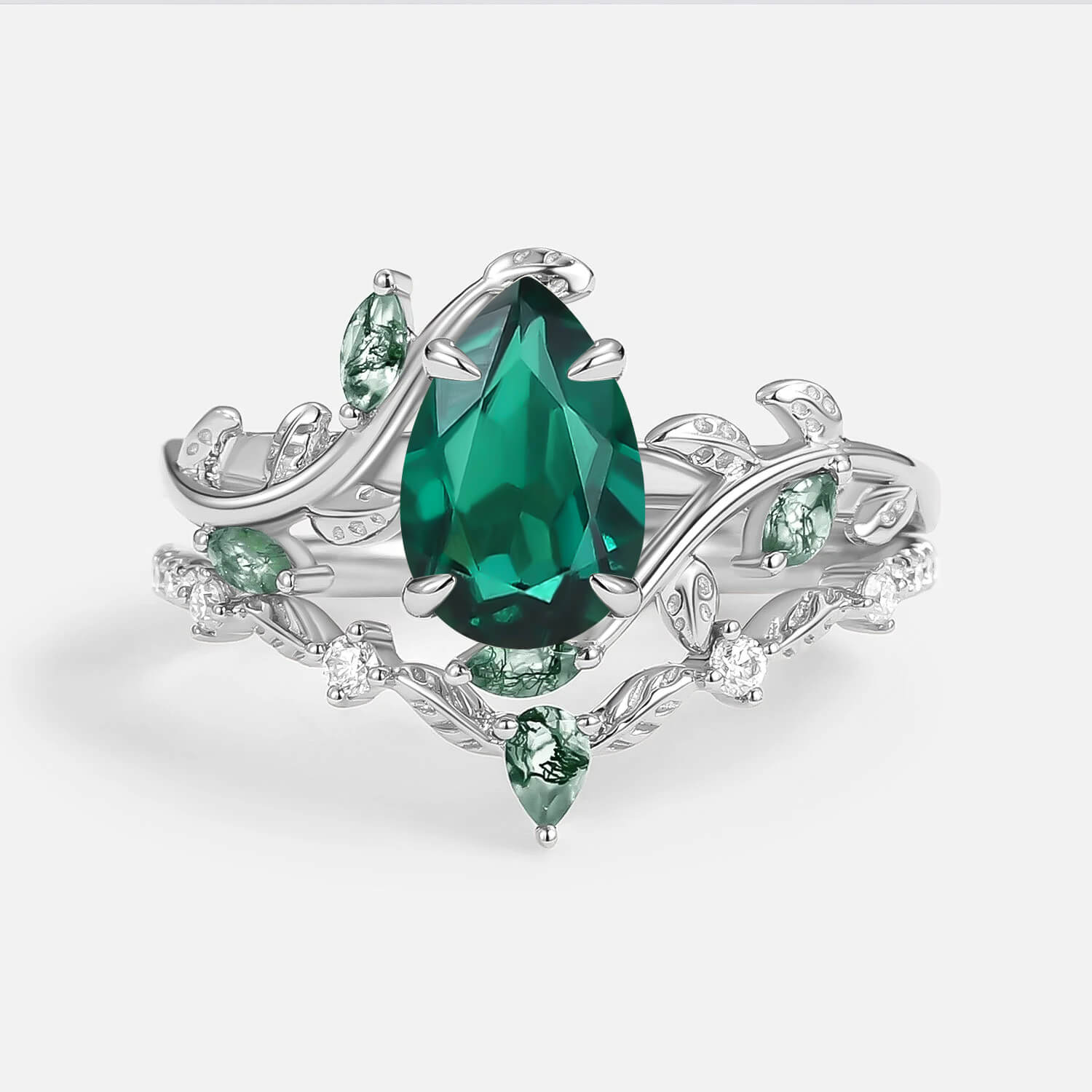 Daphne Pear Cut Moss Agate Vine Engagement Ring Set 2pcs