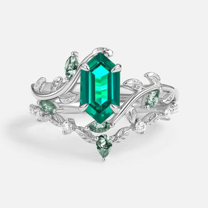 Daphne Moss Agate Hexagon Vine Engagement Ring Set 2pcs