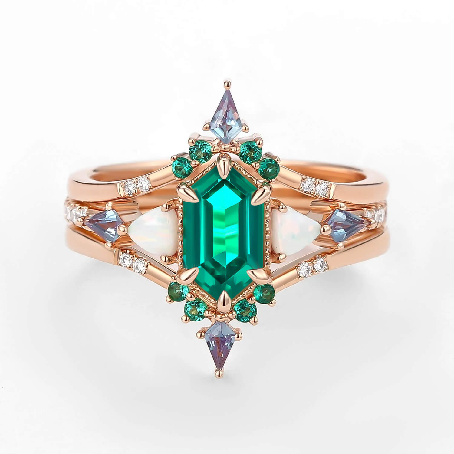 Max Hexagon Moss Agate & Opal & Alexandrite & Emerald Engagement Ring Set 3pcs