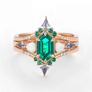 Max Hexagon Moss Agate & Opal & Alexandrite & Emerald Engagement Ring Set 3pcs