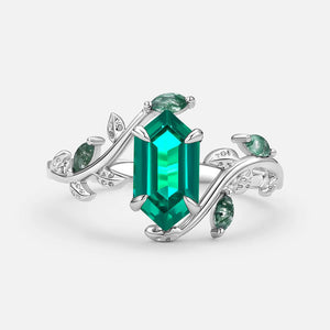 Vintage Hexagon Cut Moss Agate Leafy Engagement Ring