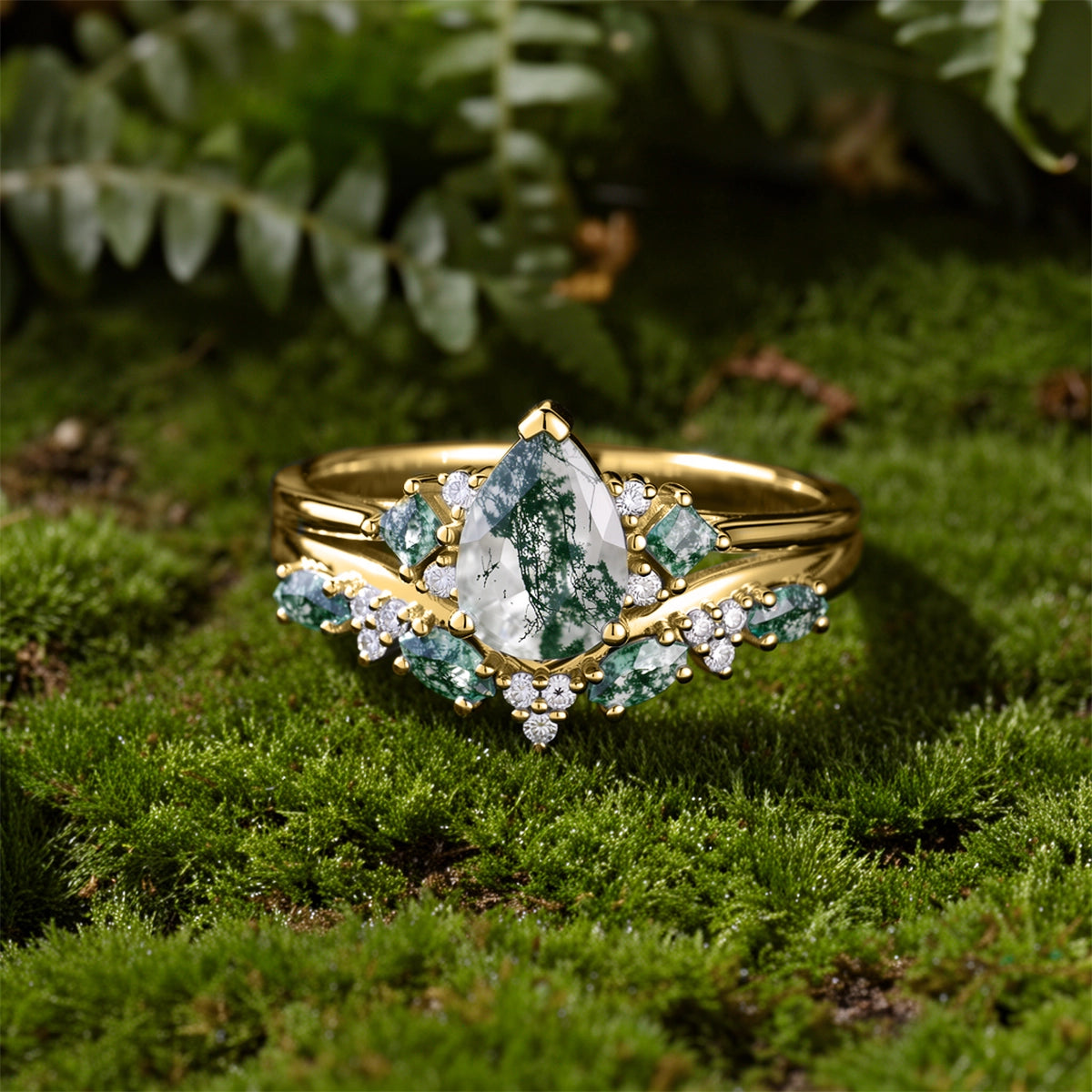 Nature Pear Cut Moss Agate Vine Engagement Ring Set