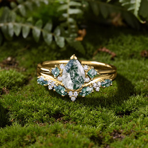 Nature Pear Cut Moss Agate Vine Engagement Ring Set