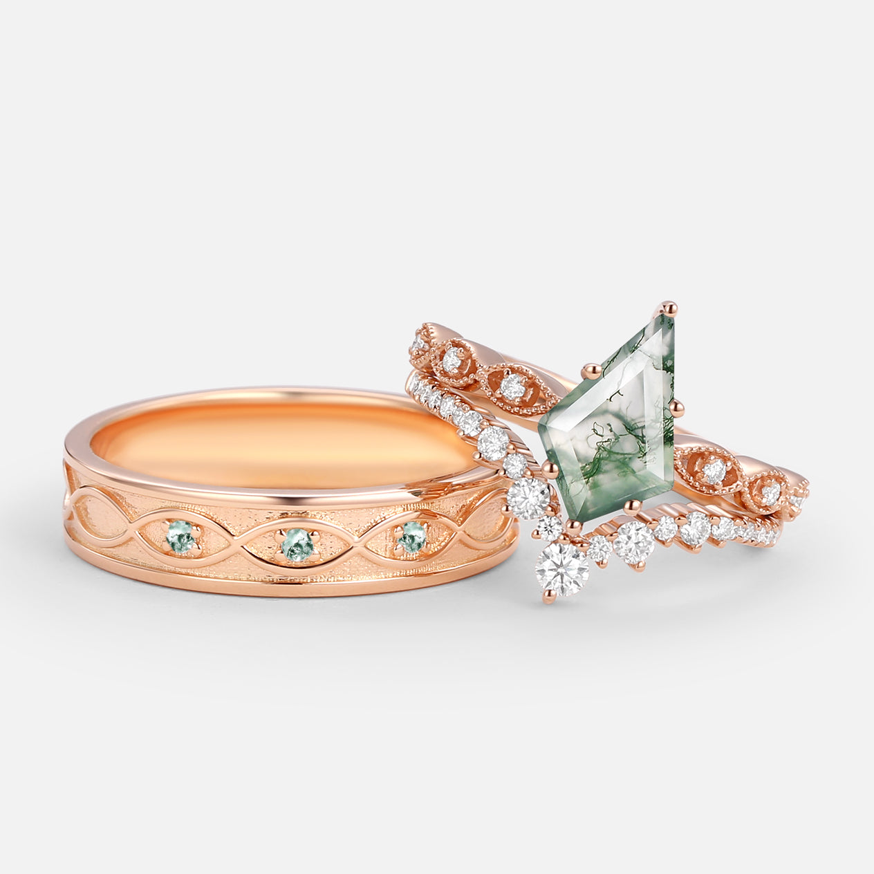 Vintage Kite Cut Moss Agate Couple Ring Set 3pcs - Winona