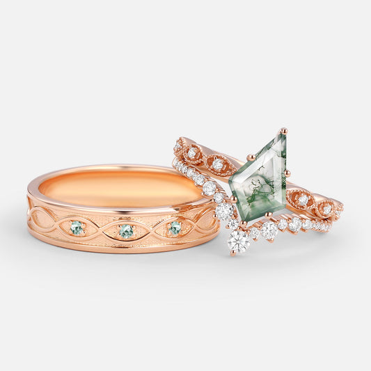Vintage Kite Cut Moss Agate Couple Ring Set 3pcs - Winona