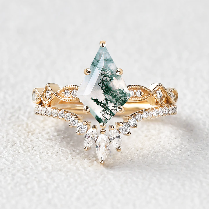 Unique Kite Moss Agate Engagement Ring Sets 2pcs