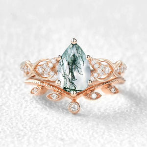 Pear Shaped Moss Agate Infinity Leafy Bridal Ring Set 2pcs