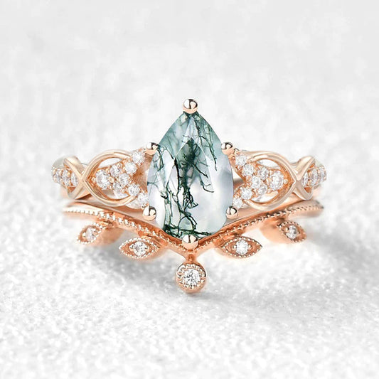 Pear Shaped Moss Agate Infinity Leafy Bridal Ring Set 2pcs