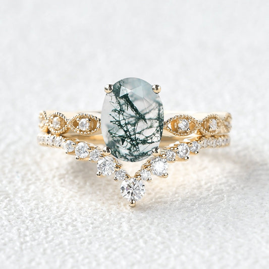 Unique Oval Moss Agate Signature Vintage Ring Set 2pcs