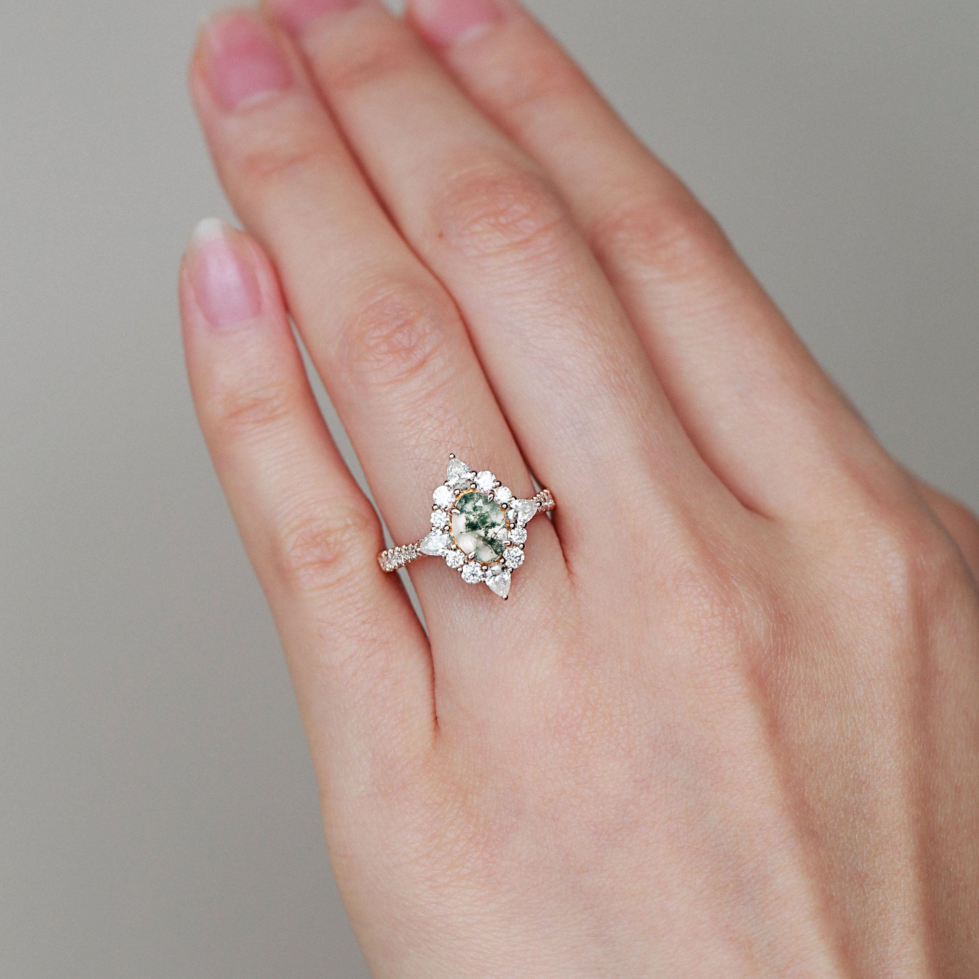 Oval Cut Vintage Moss Agate Halo Engagement Ring