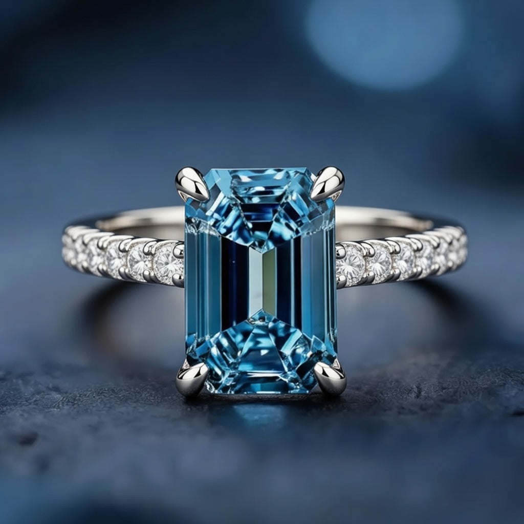 The Blue Camellia | 3CT Emerald-Cut Solitaire Ring