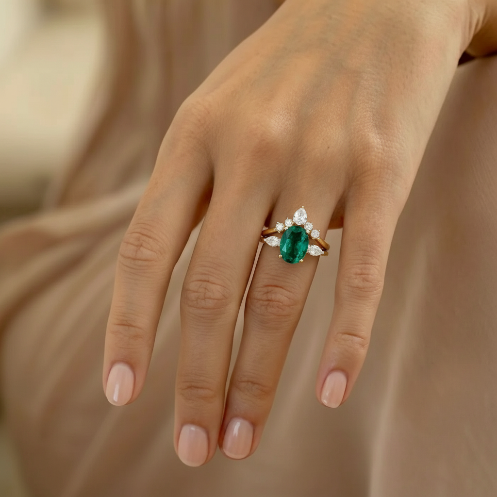 Vintage Lab-Grown Emerald Oval Cut Hidden Halo Ring Set 2pcs