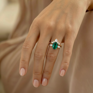 Vintage Lab-Grown Emerald Oval Cut Hidden Halo Ring Set 2pcs