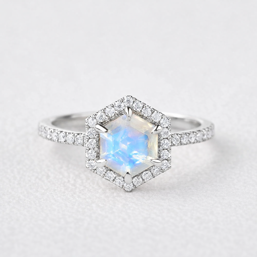 Vintage Hexagon Moonstone & Moissantie Halo Ring