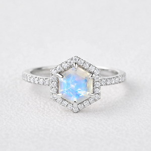 Vintage Hexagon Moonstone & Moissantie Halo Ring