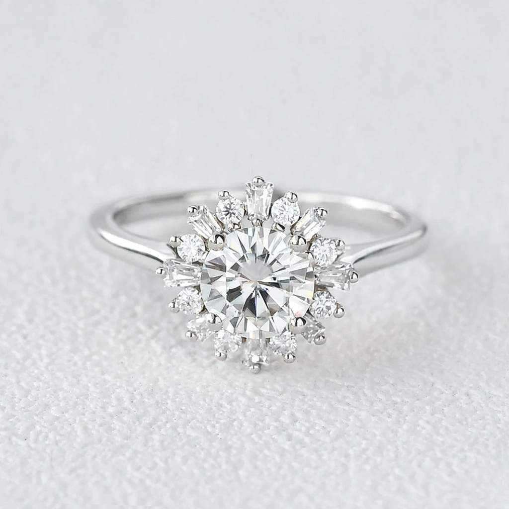 Sunflower Moissanite Halo Yellow Gold Inspired Ring