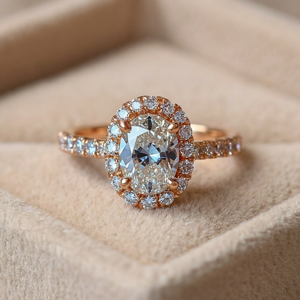 Odette‘s Halo | Oval Moissanite Ring in Morning Light