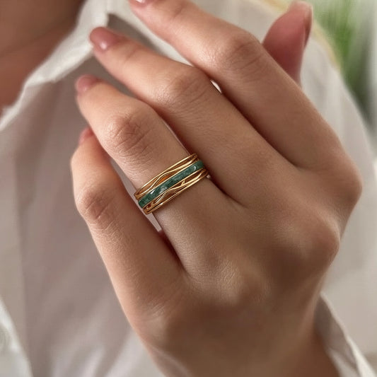 8MM Moss Agate Branch Yellow Gold Men Rings