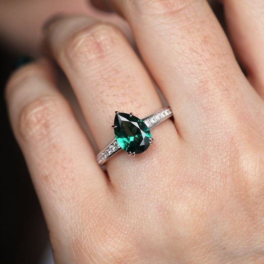 Classic 1.5CT Pear Shaped Lab Emerald White Gold Ring