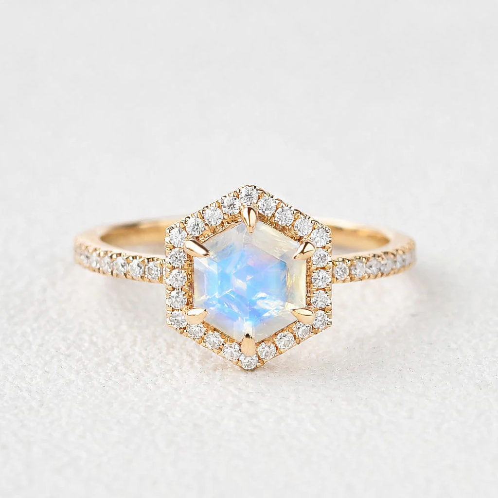 Vintage Hexagon Moonstone & Moissantie Halo Ring
