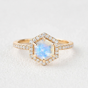 Vintage Hexagon Moonstone & Moissantie Halo Ring