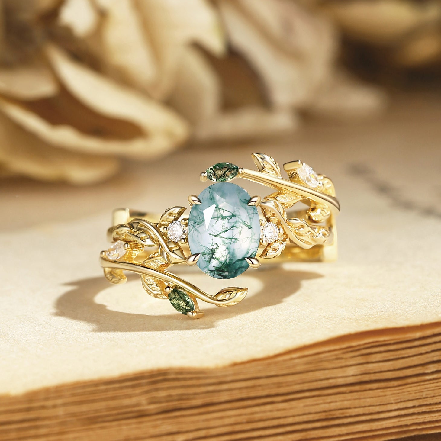 Helen Moss Agate Leafy Engagement Ring Set 2pcs