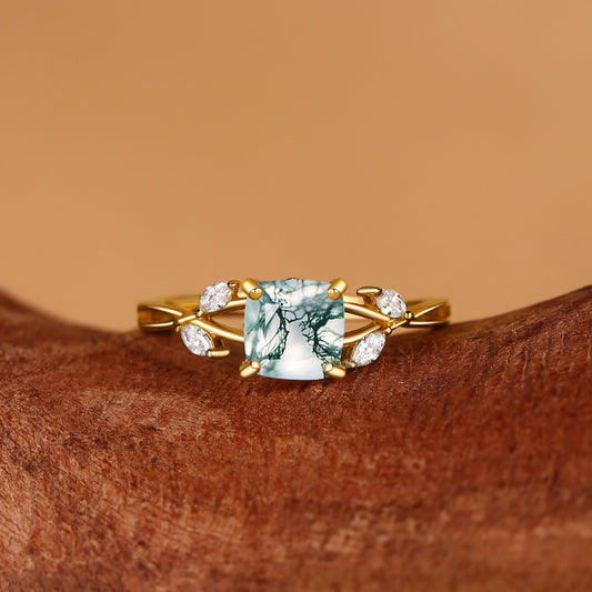 Penelope Cushion Cut Moss Agate Infinity Engagement Ring