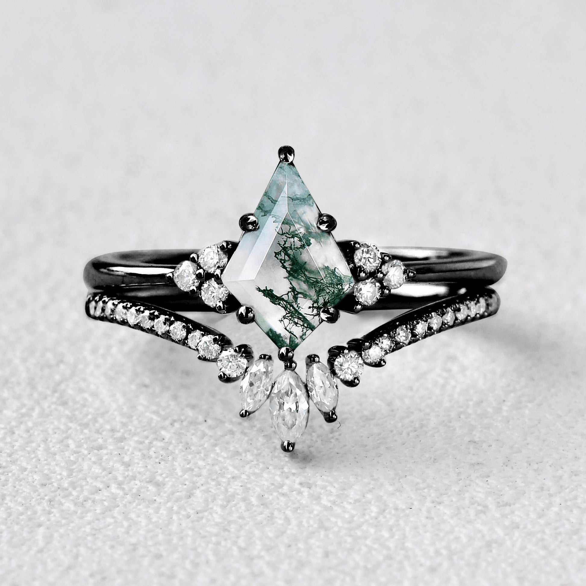 Unique Moss Agate Engagement Couple Ring Set 3pcs - Lydia